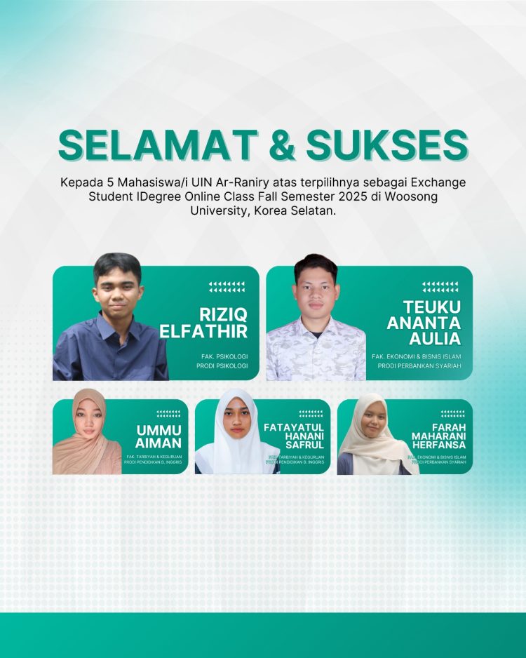 5 Mahasiswa UIN Ar-Raniry Terpilih Ikuti Program iDegree Woosong University Korea Selatan
