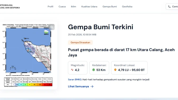 Gempa M 4,2 Guncang Aceh Jaya Pagi Ini