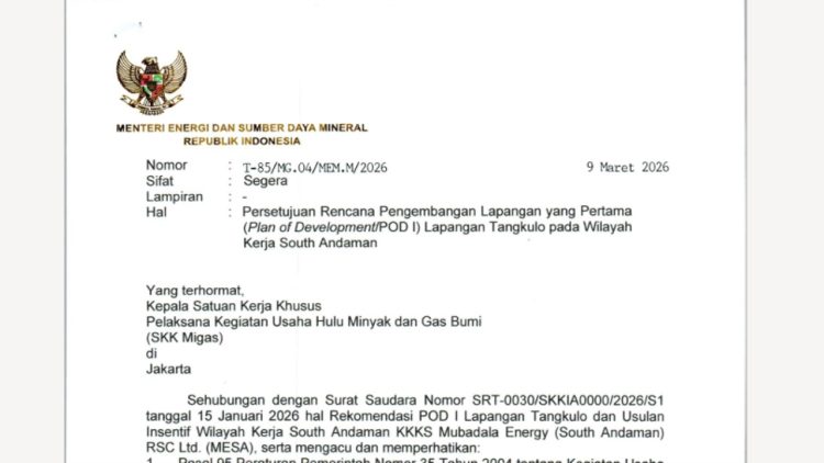 Menteri ESDM Bahlil Setujui POD I Lapangan Tangkulo di Blok South Andaman